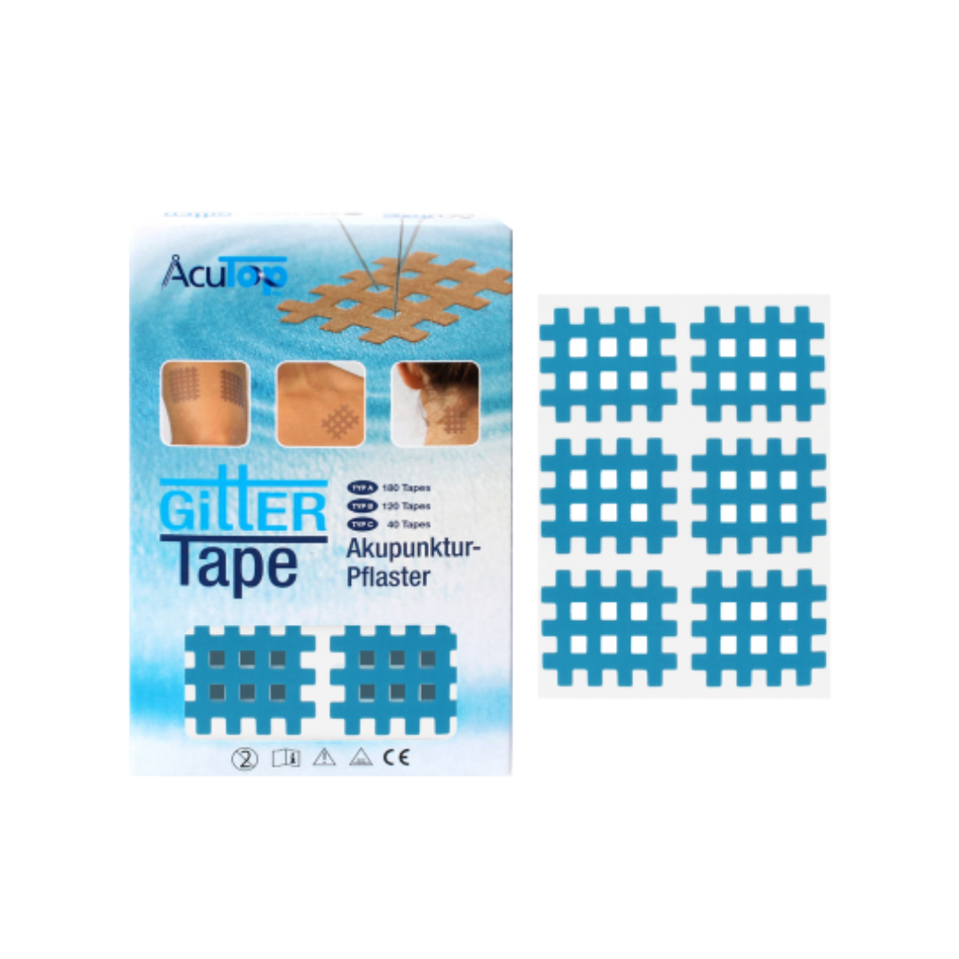 In einer Packung AcuTop Gittertapes Typ B: 120 Akupunkturpflaster - hier in Blau