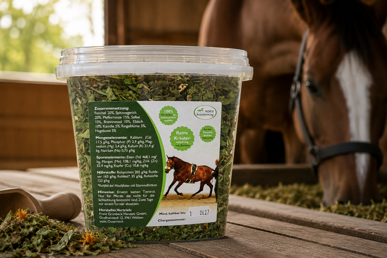 Detailaufnahme der Horse Bodyforming Bio Kräuter für Atemwege und Bronchien bei Pferden