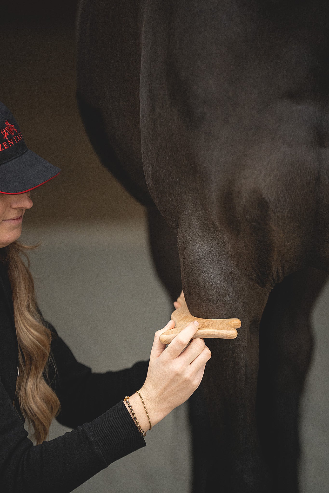 Anwendung des Faszientools DasSpix im Schulterbereich eines Pferdes zur Lösung von Verspannungen