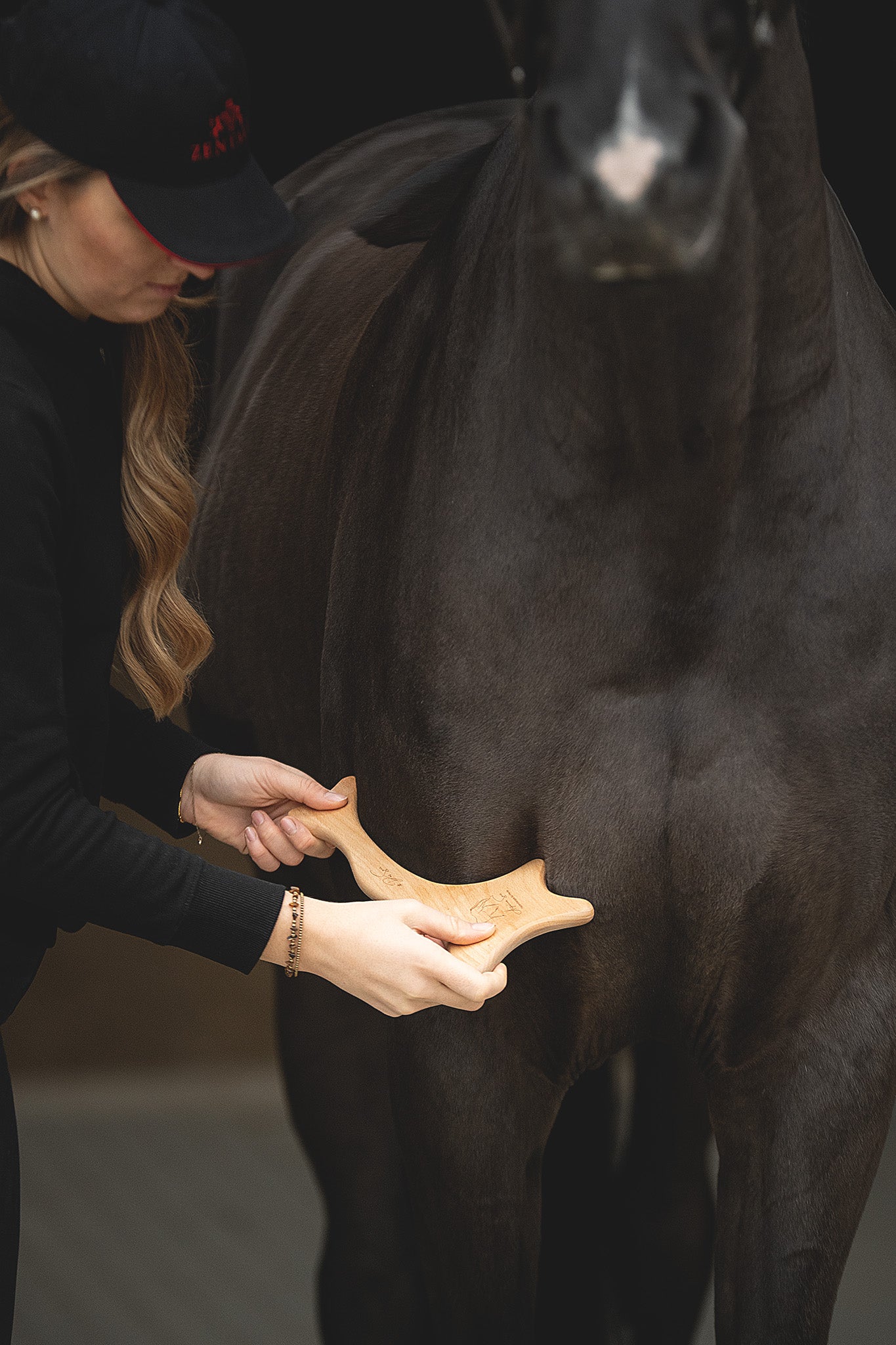 Gezielte Faszienbehandlung beim Pferd mit ergonomischem Faszientool aus Buchholz-Multiplexplatte 