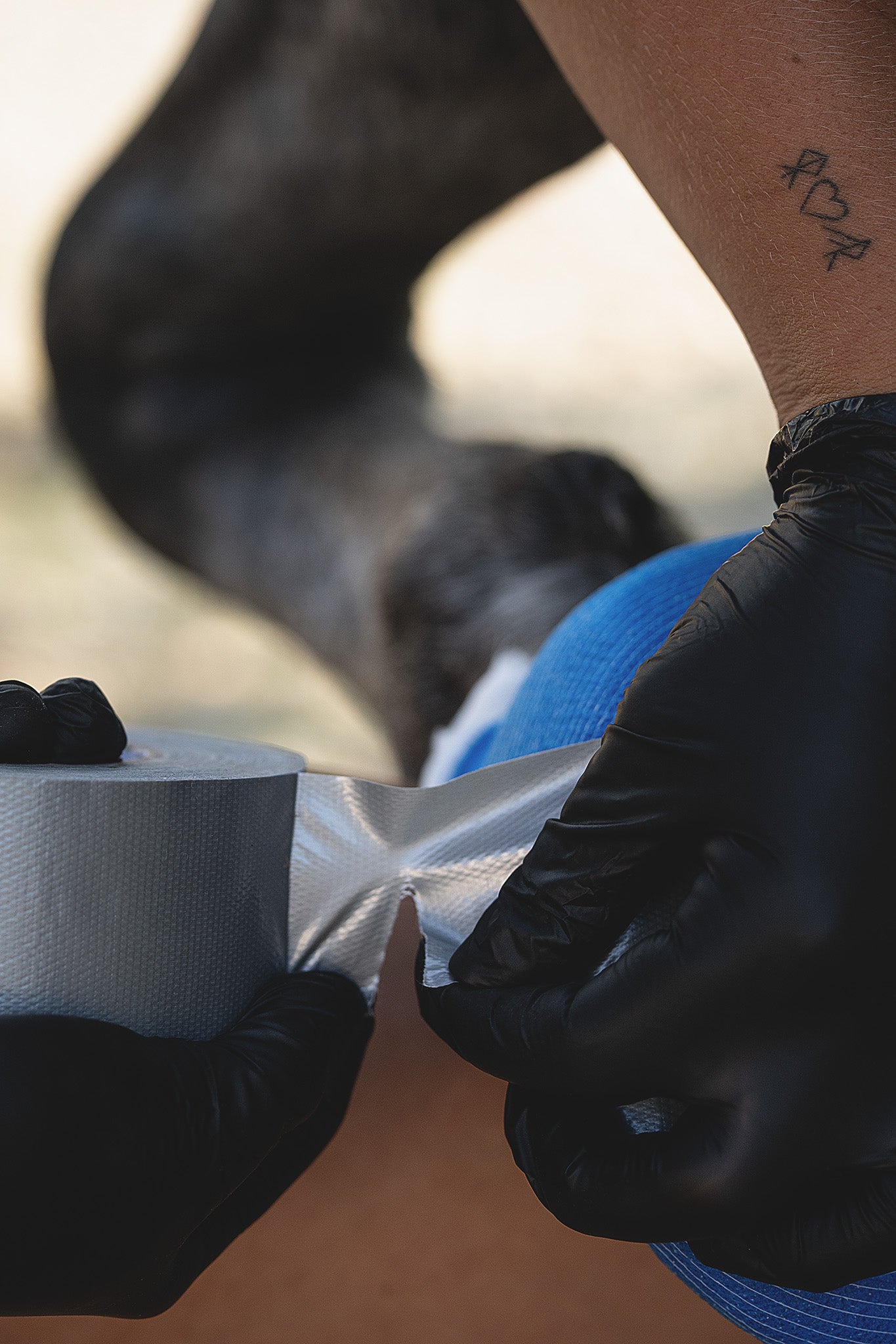 Fertig fixierter Angussverband aus Kerbl Hufverband Silbertape am Pferdehuf mit stabiler Umwicklung