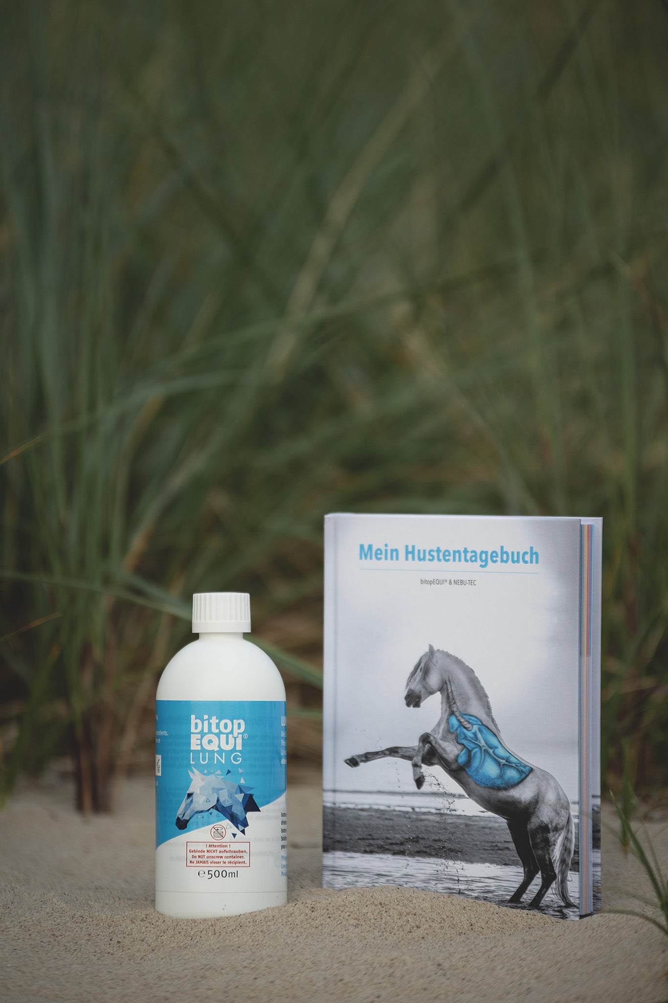 Inhalationslösung für Pferde neben einem Hustentagebuch zur Dokumentation von Atemwegsproblemen am Strand