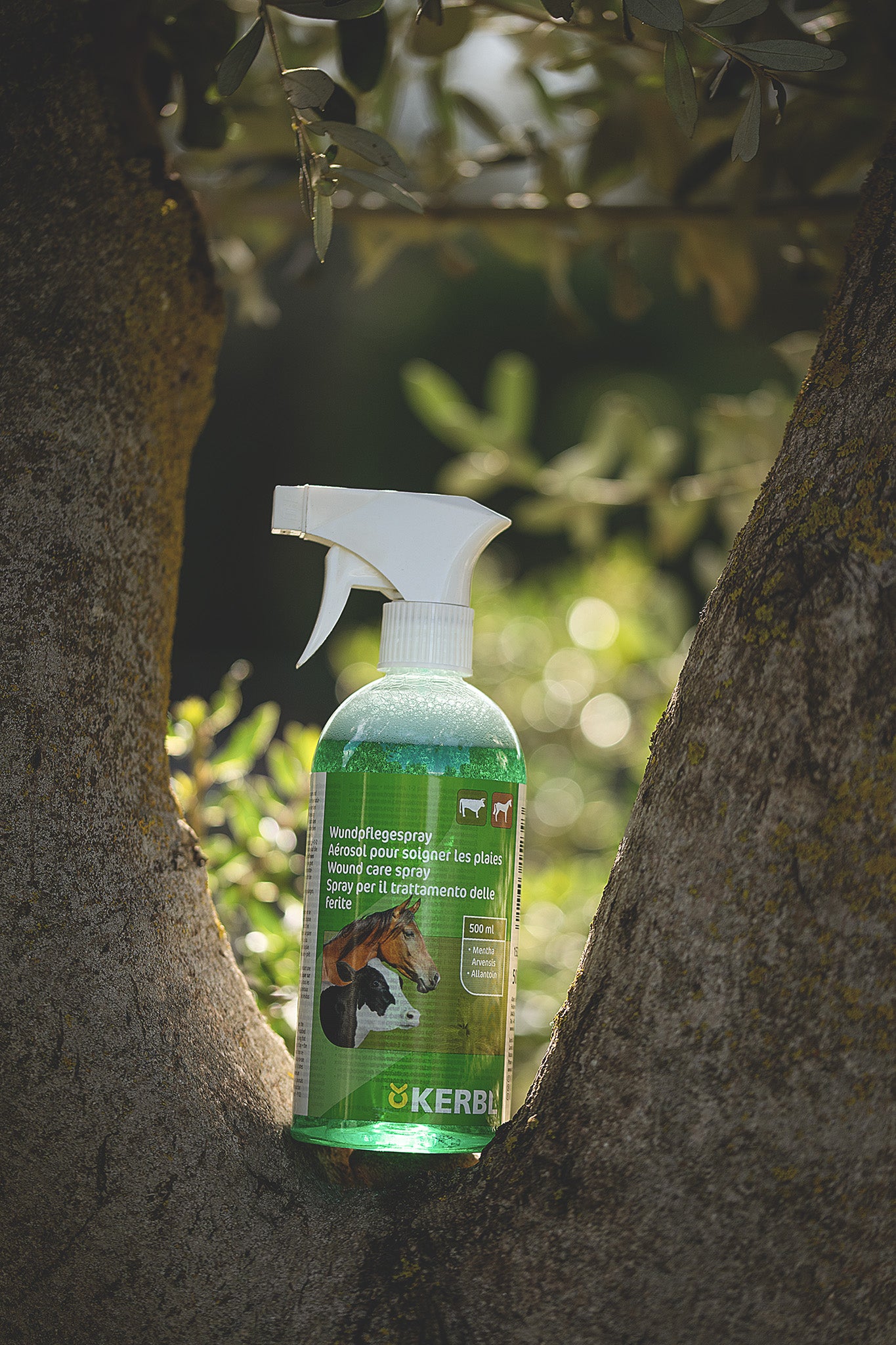 Kerbl Wundpflegespray 500 ml Flasche in natürlicher Umgebung im Stallbereich