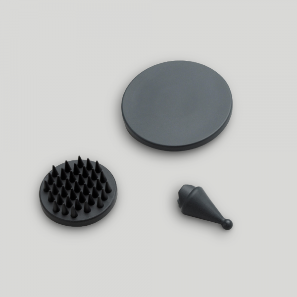 Novafon Reha-Set: Telleraufsatz XL, Igelaufsatz und Kegelaufsatz von Novafon in Anthrazitgrau – vielseitige Aufsätze für punktuelle, großflächige und sensorische Schallwellentherapie.