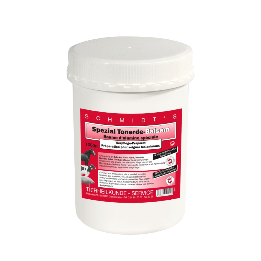 Weiße Schraubdose mit 1kg Schmidt’s Spezial Tonerde Balsam zur Regeneration für Pferde & Hunde