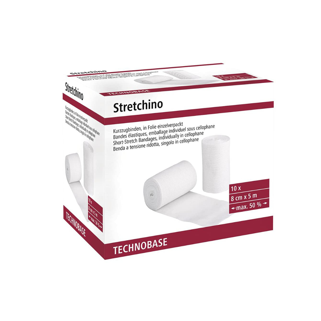 Kurzzugbandage Stretchino Klinikpack-Karton mit 10 Kompressionsverbänden einzeln in Folie verpackt