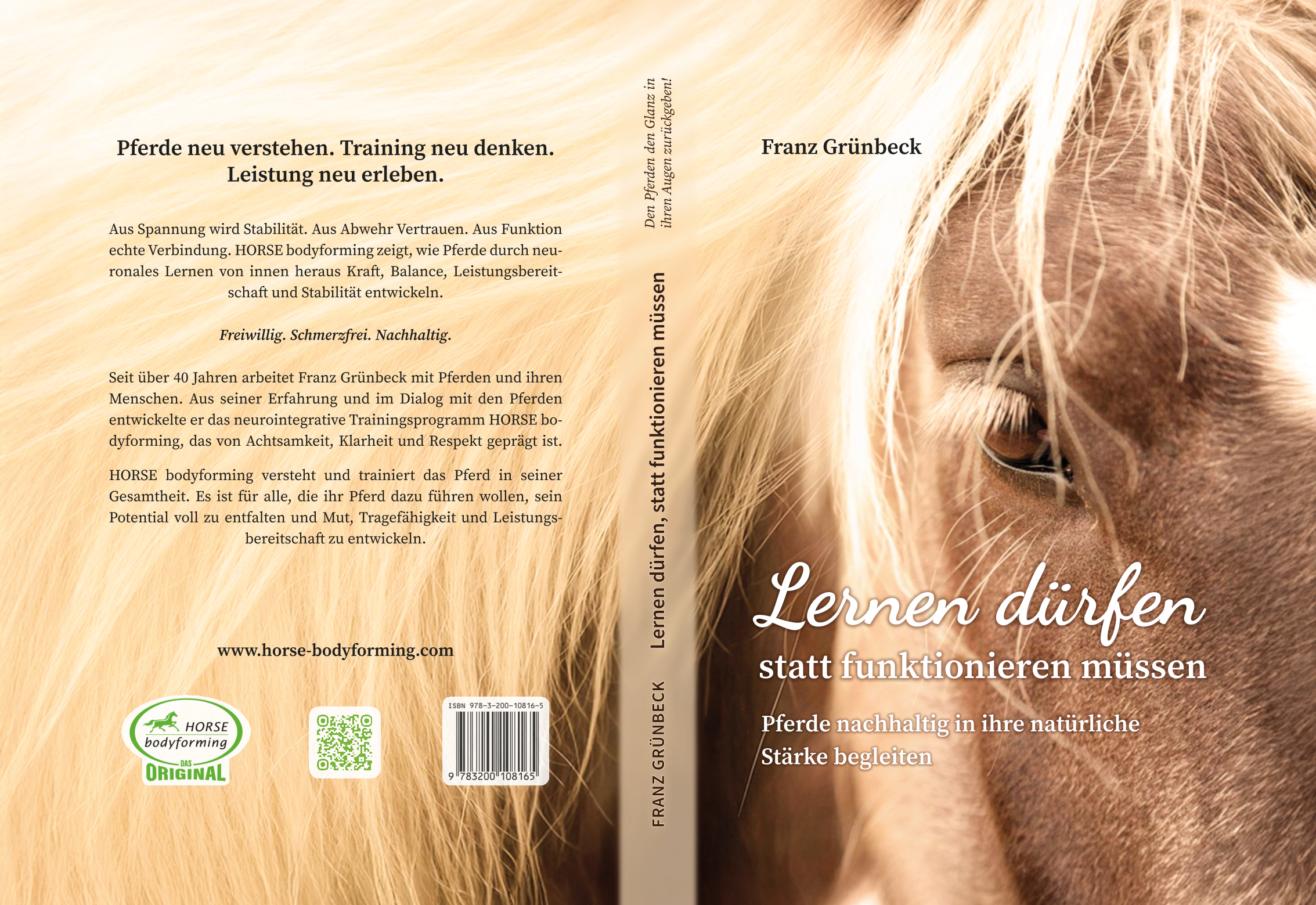 Cover des Buches „Lernen dürfen statt funktionieren müssen“ von Franz Grünbeck über neuronales Lernen und myofasziale Ketten beim Pferd