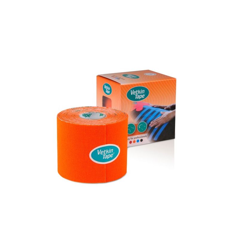 Latexfreies Kinesiologie Tape für Tiere – VetkinTape Rolle in Orange neben handlicher Pappverpackung