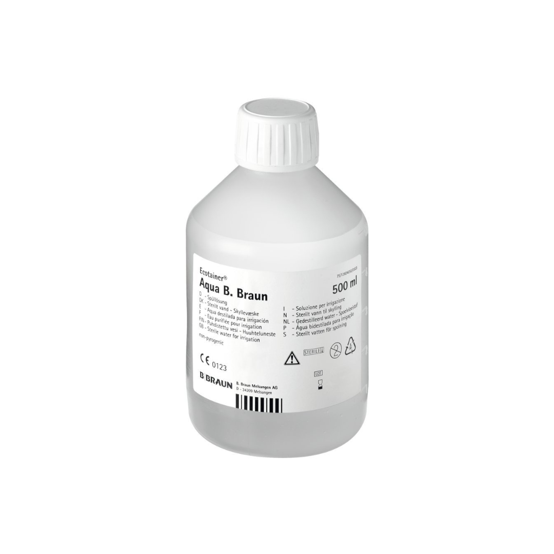 B. Braun Aqua ad iniectabilia 500 ml – Steriles Wasser zur Gerätereinigung. Ecotainer-Flasche mit sterilem Wasser für Inhalationsgeräte