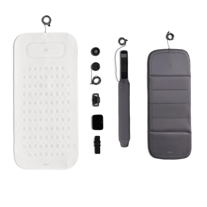 Lieferumfang des BEMER Premium-Set Evo mit B.Box, B.Body, B.Bed, B.Pad, B.Spot, B.Grip und Zubehör
