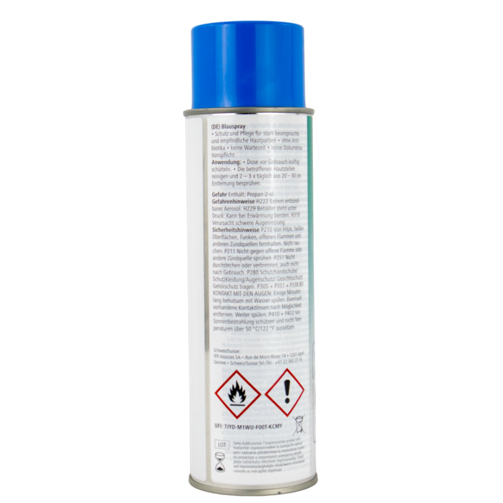 Rückseite der Spraydose des BlauCare BlauDes mit Sicherheitshinweisen und Anwendungs-Anleitung - 200ml oder 500ml Inhalt