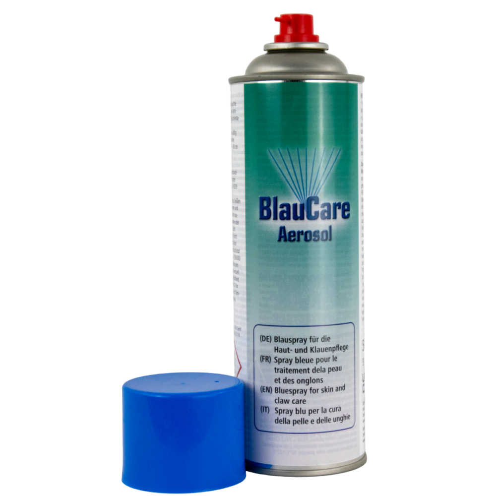 BlauCare Aerosol von Kerbl als praktische Sprühdose für gezielte und schnelle Desinfektion - ideal für empfindliche Tiere