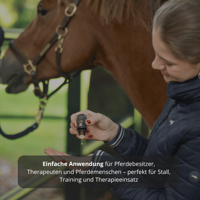 Nahaufnahme der Öltextur – Faszienöl für Pferde - Therapeutin lässt das Öl auf ihre Hand tropfen, Pferd im Hintergrund