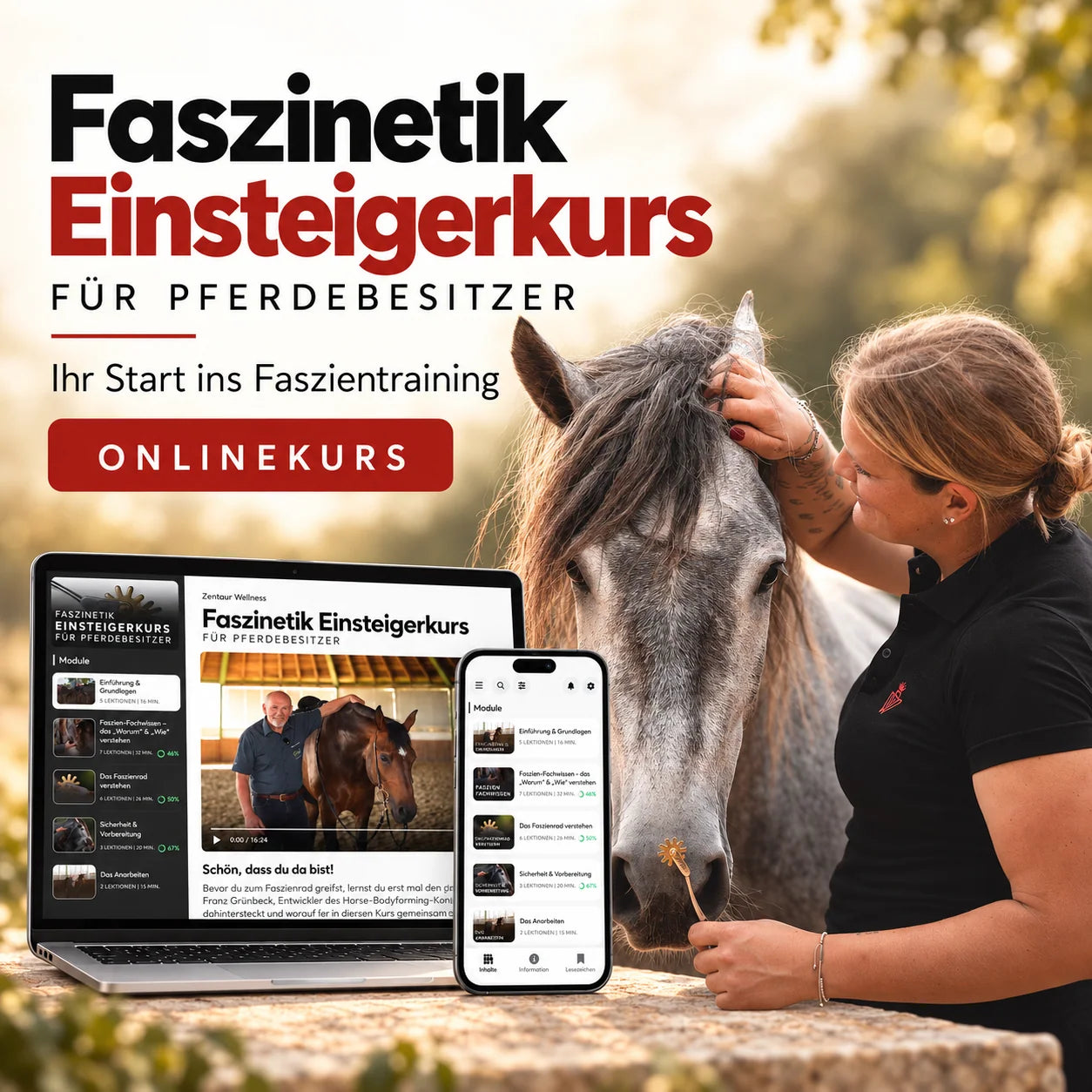 Faszinetik Einsteigerkurs für Pferdebesitzer – Onlinekurs zum Faszientraining auf Laptop und Smartphone