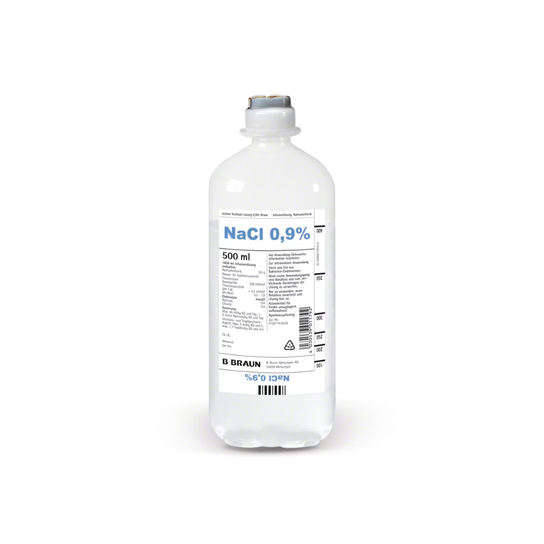 Isotonische Kochsalzlösung 0,9 % von B. Braun – 500 ml ecoflac®.
Pflege und Befeuchtung der Atemwege mit Kochsalzlösung für Tiere