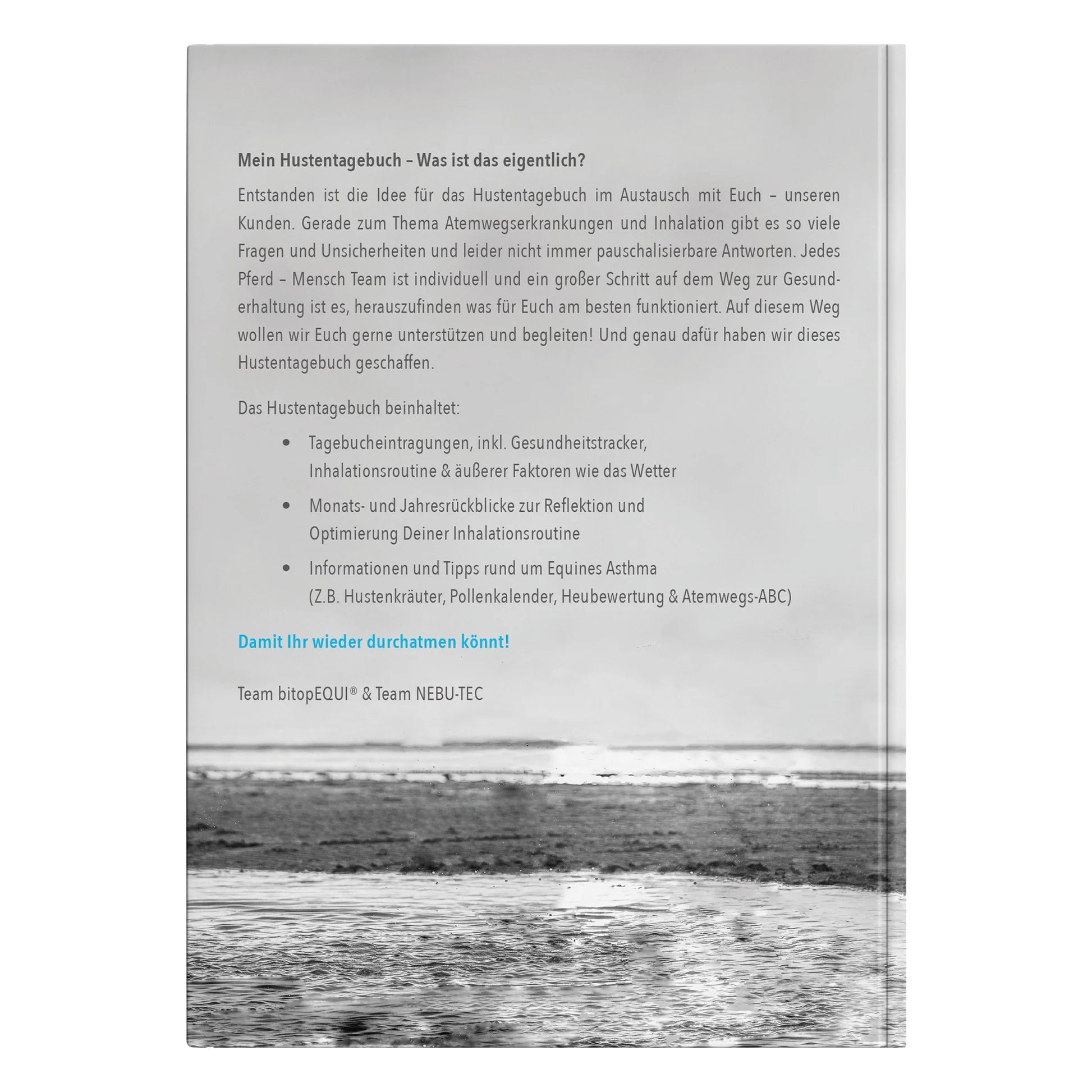 Buchrückseite "Mein Hustentagebuch" von bitopEQUI und NEBU-TEC zeigt Inhaltsübersicht: Dokumentationshilfen, Informationen und Tipps rund um Equines Asthma