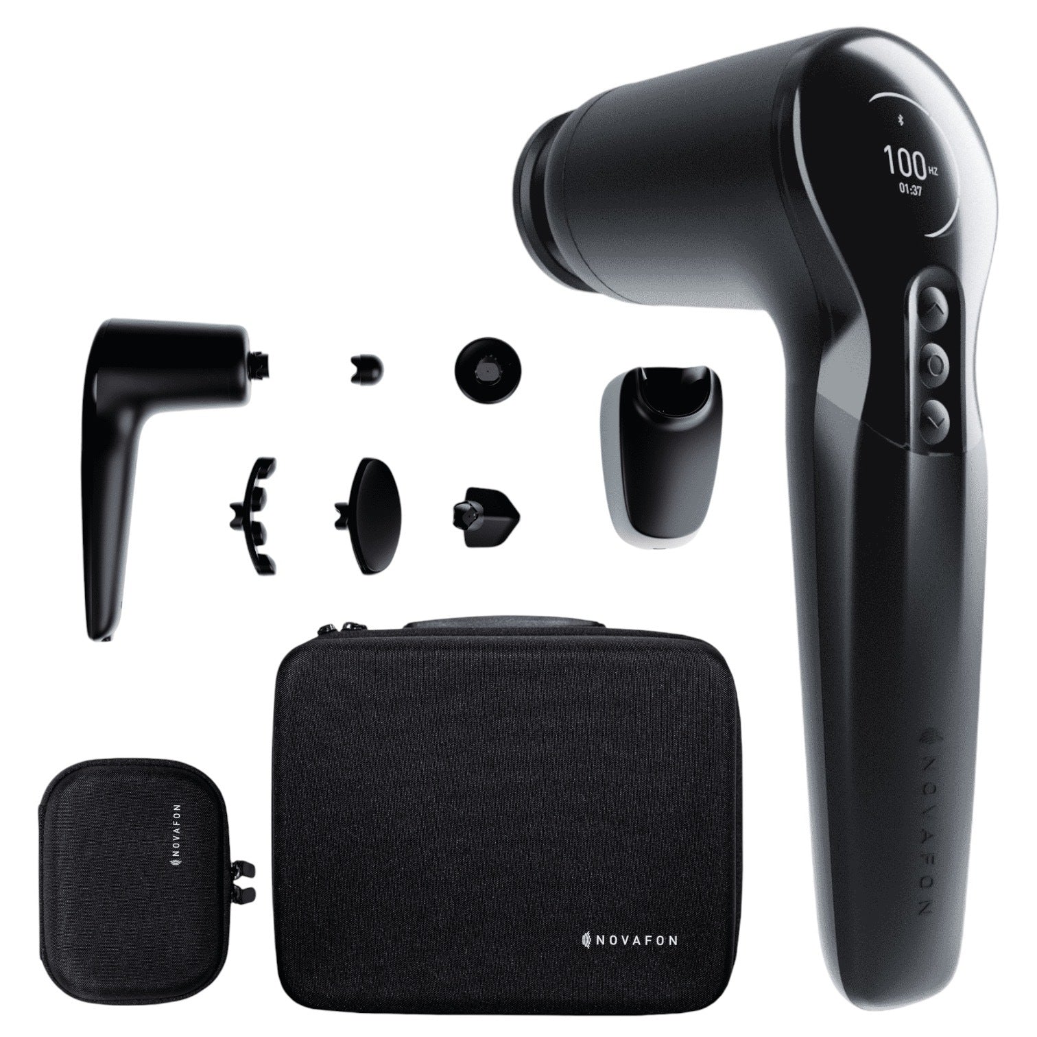 Lieferumfang: Novafon max+, Telleraufsatz, Kugelaufsatz, Faszien-Set, 2 Transport Cases, Ladestation, Netzstecker, Kabel und Anwendungsbuch - Set in Schwarz