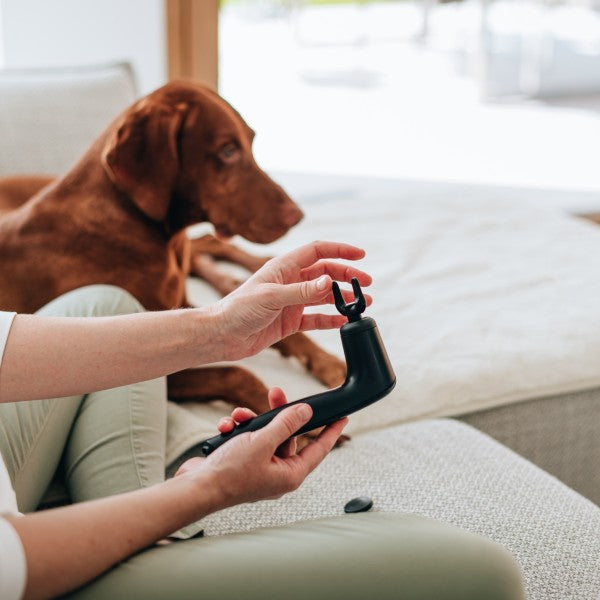 Novafon Physio-Set – Schwarze Fasziengabel wird einfach aufgesteckt auf Schallwellengerät