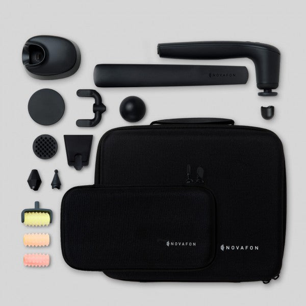 Lieferumfang des Miet-Sets: Novafon Power 2, Transportcase, Verlängerungsgriff, Physio-Set, Reha-Set, Sensi-Roller-Set, Magnetaufsatz, Modular-Set, Netzteil & Handbücher Human und Veterinär