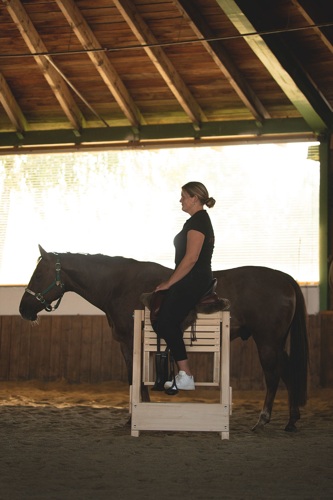 Horse bodyforming Balance Rider in der Reithalle vergleich Reitersitz mit Pferd