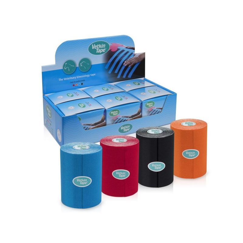 VetkinTape Kinesiologie-Tape für Pferde – 10 cm breit, alle 4 Farben und handlicher Verpackungskarton nebeneinander