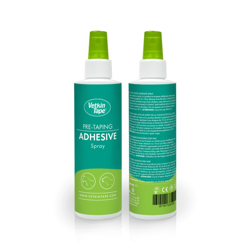 VetkinTape Pre-Tape 200ml Sprühflasche Vor- und Rückseite - Klebstoff für sicheren Halt von Sporttapes auf Haut und Fell